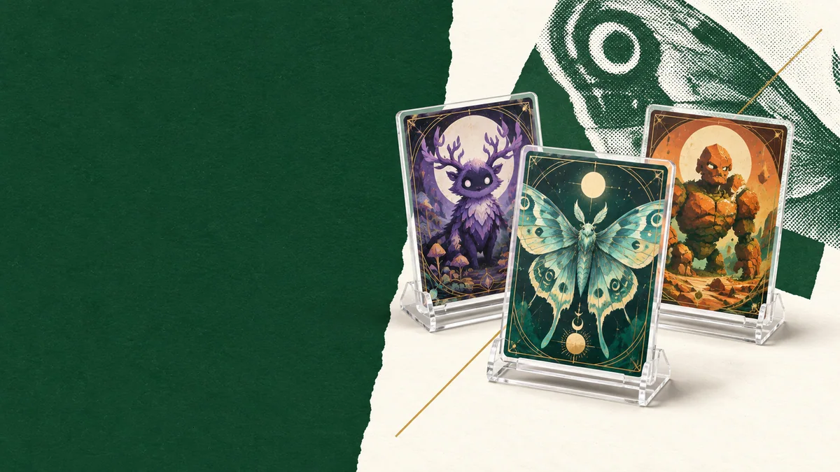Collage editorial de cartas de fantasía ilustradas en soportes transparentes