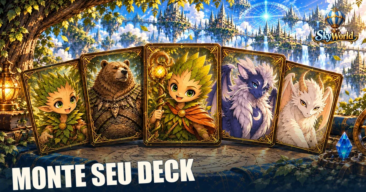 Cartas de personajes de Sky World sobre una mesa para crear decks, frente a una ciudad entre las nubes.