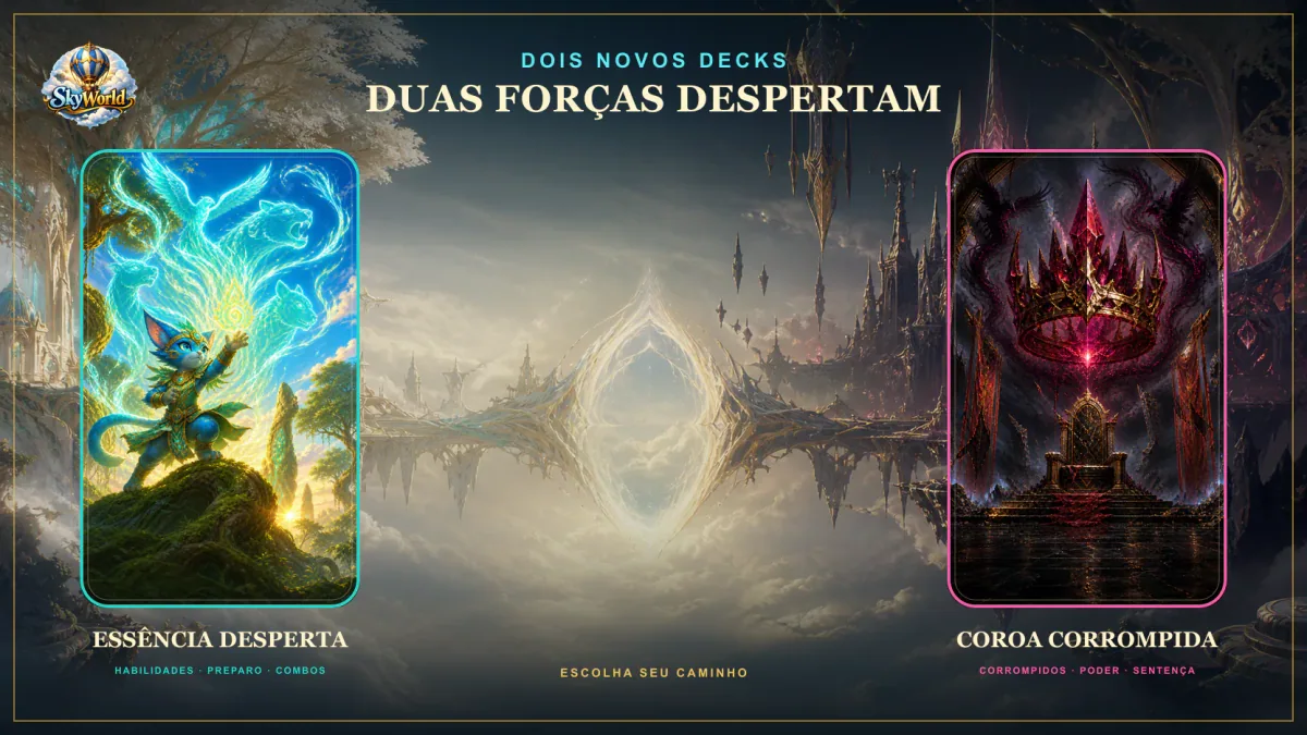 Essência Desperta y Coroa Corrompida ante dos reinos celestiales de Sky World